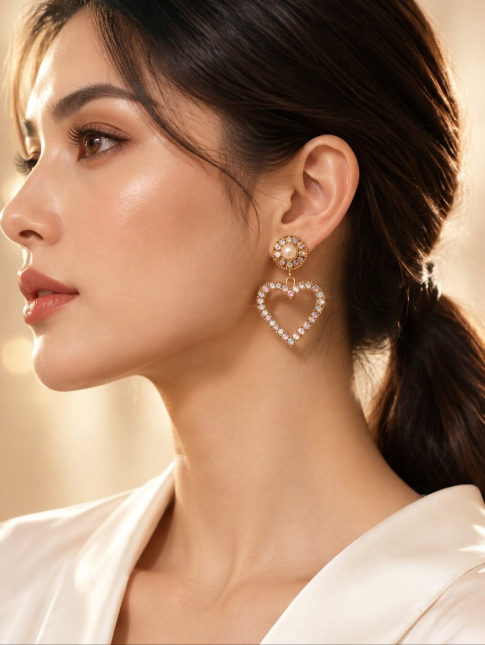Mint Rhinestone Heart Dangle Earrings